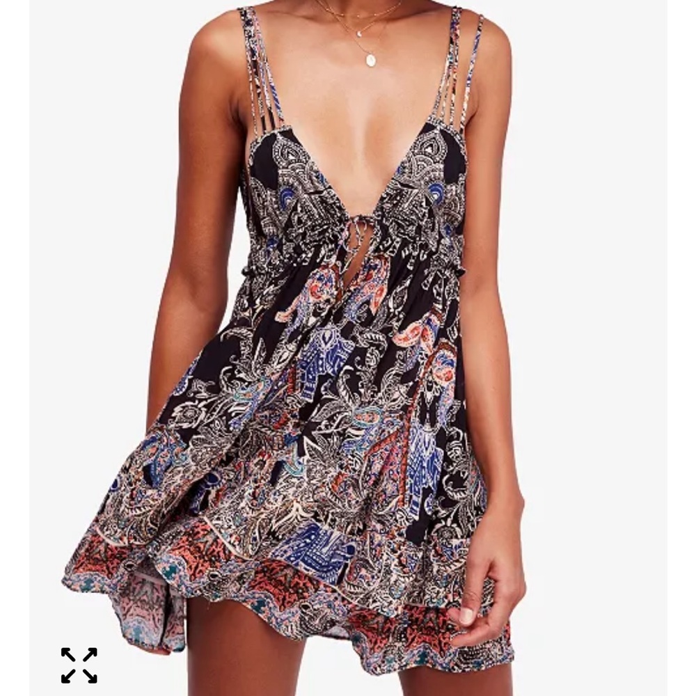 Free People Black Multi-Paisley Spaghetti Strap Mini Dress